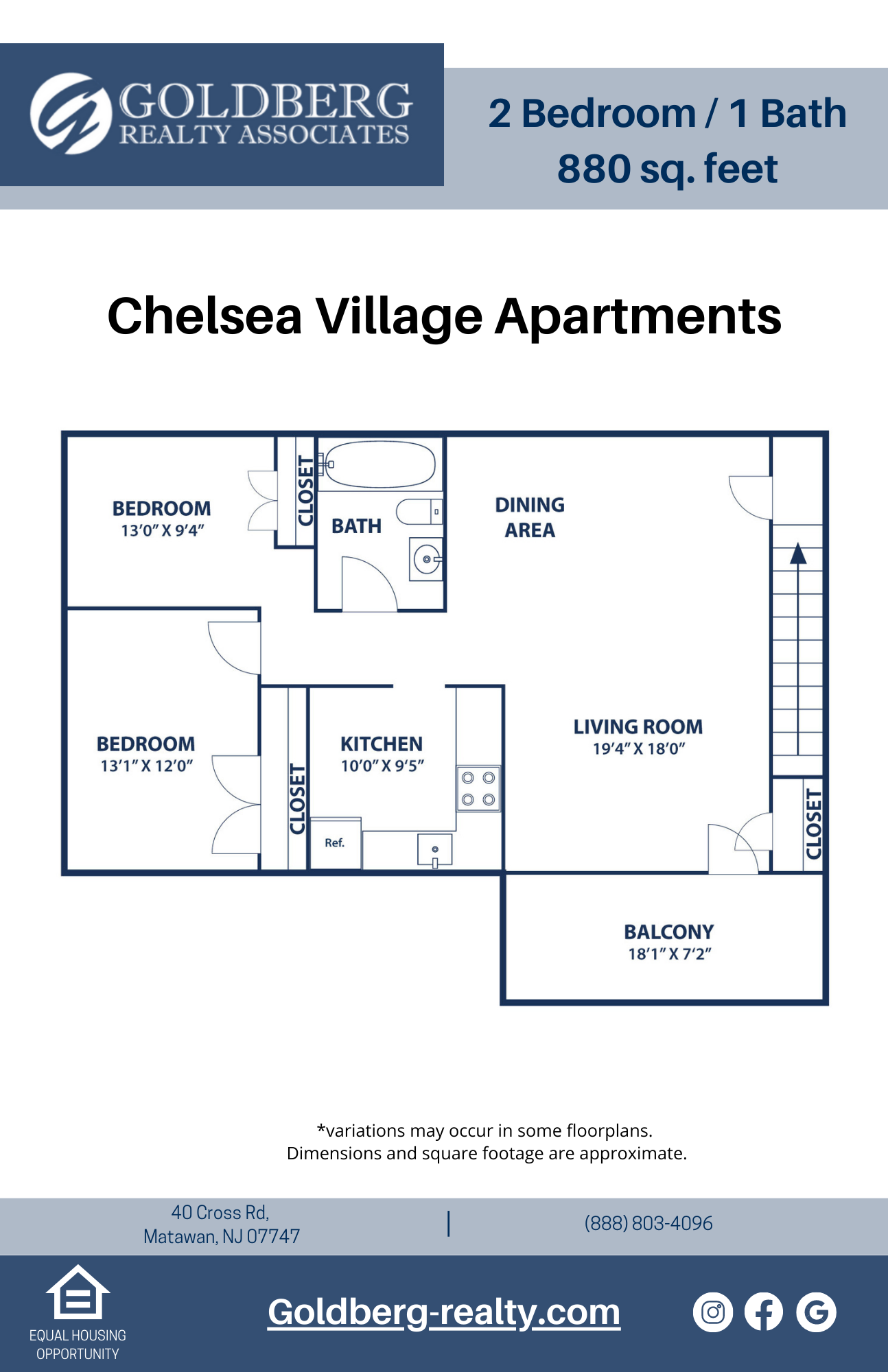 Floor plan for 2 beds, 1 bath, 880 sqft